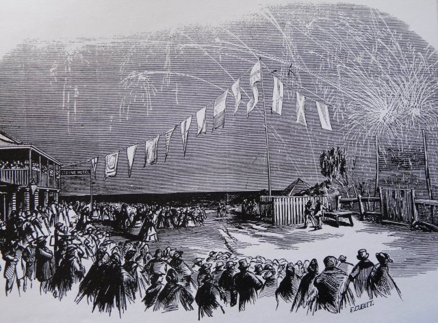 Fireworks outside Steyne Hotel. Manly, 1864